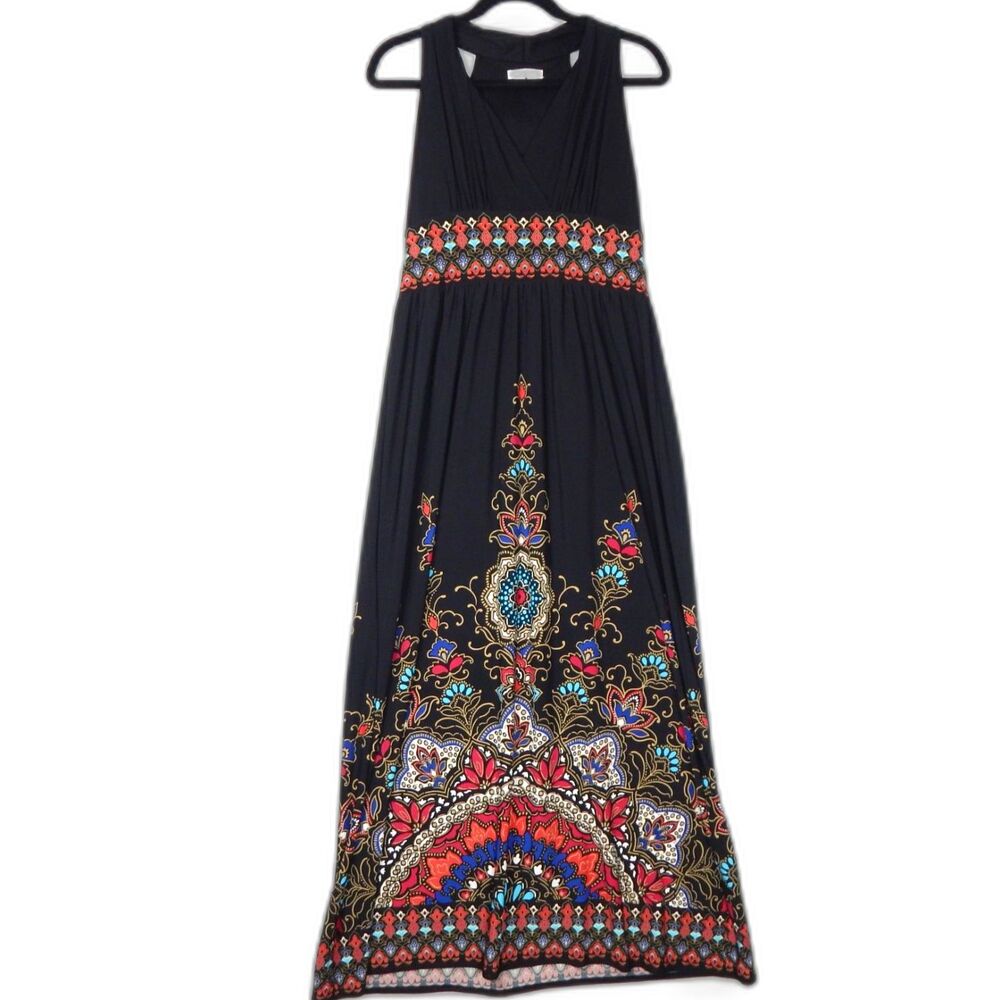 London Times Boho Maxi Dress Black Geometric Border Folk Print Sundress Sz 10